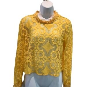 Sheer Yellow Boxy Fit Boho Lace Crop Top Approx. Size M